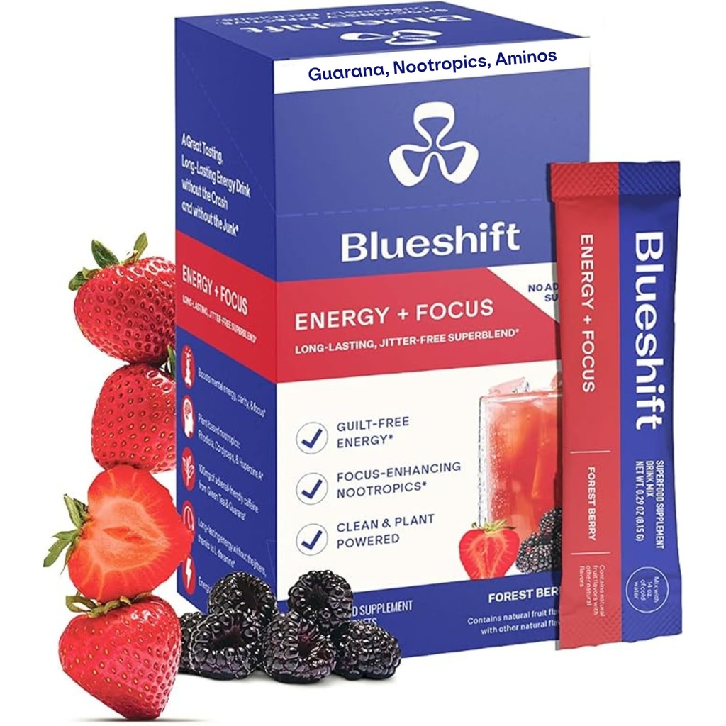 Blueshift Energy + Fokus - Less- Sweet Super Clean Plant- Based Energy Drikke til voksne, med Guarana, Green Tea, Rhodiola, Koffein, B Vitaminer til Klarhed & Fokus, Ingen Sukker - Powder Sticks (10 Pack)
