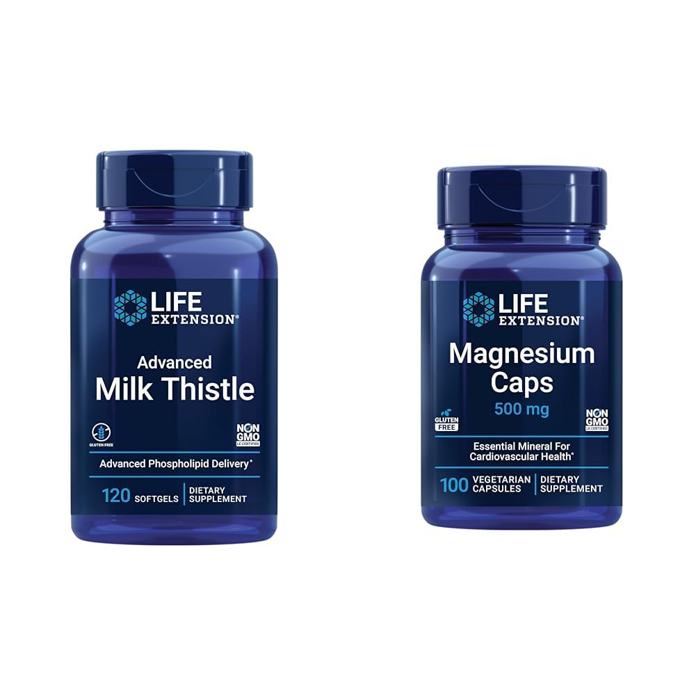 Life Extension Advanced Milk Thistle 120 Softgels and Magnesium 500mg Capsules for Liver Health, Detox Support, Heart Health, and Healthy Bones