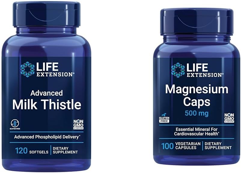 Life Extension Advanced Milk Thistle 120 Softgels og Magnesium 500mg kapsler til leversundhed, Detox støtte, hjerte sundhed, og sunde knogler