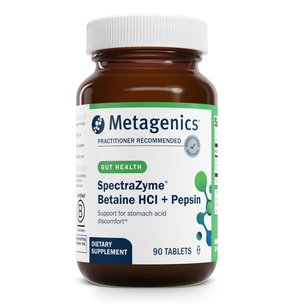 Metagenics SpectraZyme Betaine HCI + Pepsin - Understøtter mave sundhed & hjælpemidler i fordøjelse * - med Betaine HCl & Pepsin - Proteolytisk fordøjelsesmiddel * - Non- GMO - 45 Servering - 90 tabletter