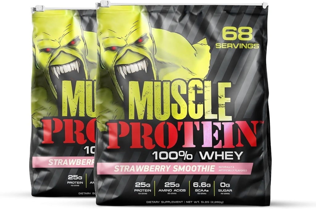 COLOSSAL LABS Muscle Whey Protein Flavored Protein Powder, 25. 000mg Aminosyrer / servering, koldfiltret (Packaging May Vary) (10 Pund (pakke med 2), Jordbær)