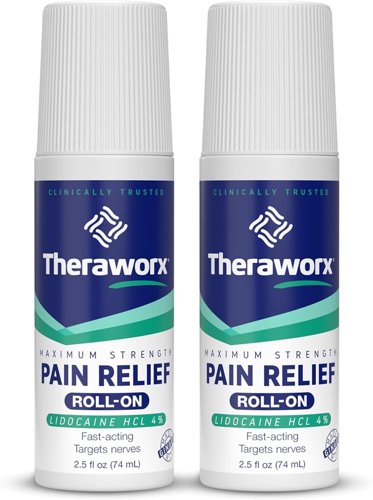 Theraworx Maksimal styrke Smerte Relief Roll-On med Lidocain, Fast- Fungerende - 2,5 Oz - 2 Greve