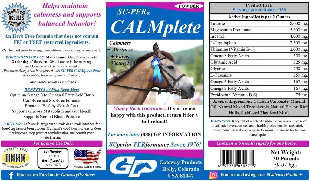 SU- PER Calmplete Calming Horse Supplement - Opretholde Calmness & Balanceret Opførsel - Thiamin, Tryptophan & Magnesium - 20 Pounds, 5 Måned Supply (150 dage)