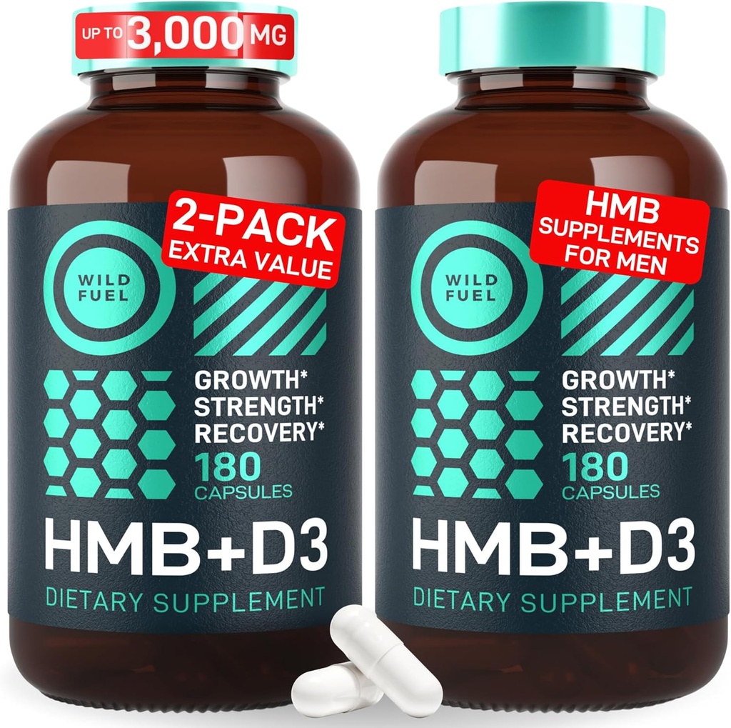 HMB og vitamin D3 Supplement kapsler - B- Hydroxy B- methylbutyrat 1,000- 3,000 MG HMB Kosttilskud med vitamin D3 - Muskelvækst, styrke, ydeevne, præ-træning, muskel opsving - 360 Caps
