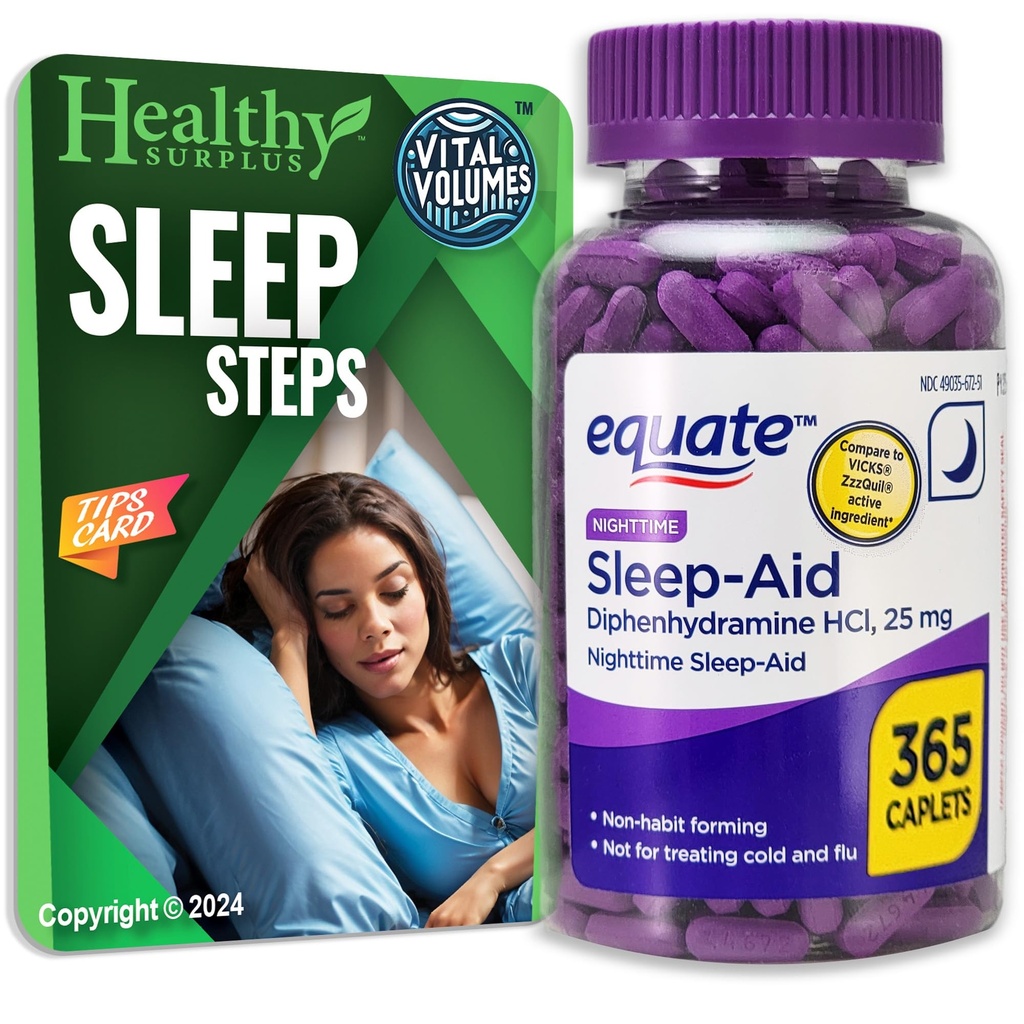 Equate Sleep- Aid Diphenhydramin HCI 25 mg 365 Caplets og Vital Volumes Sleep Steps Tips Card