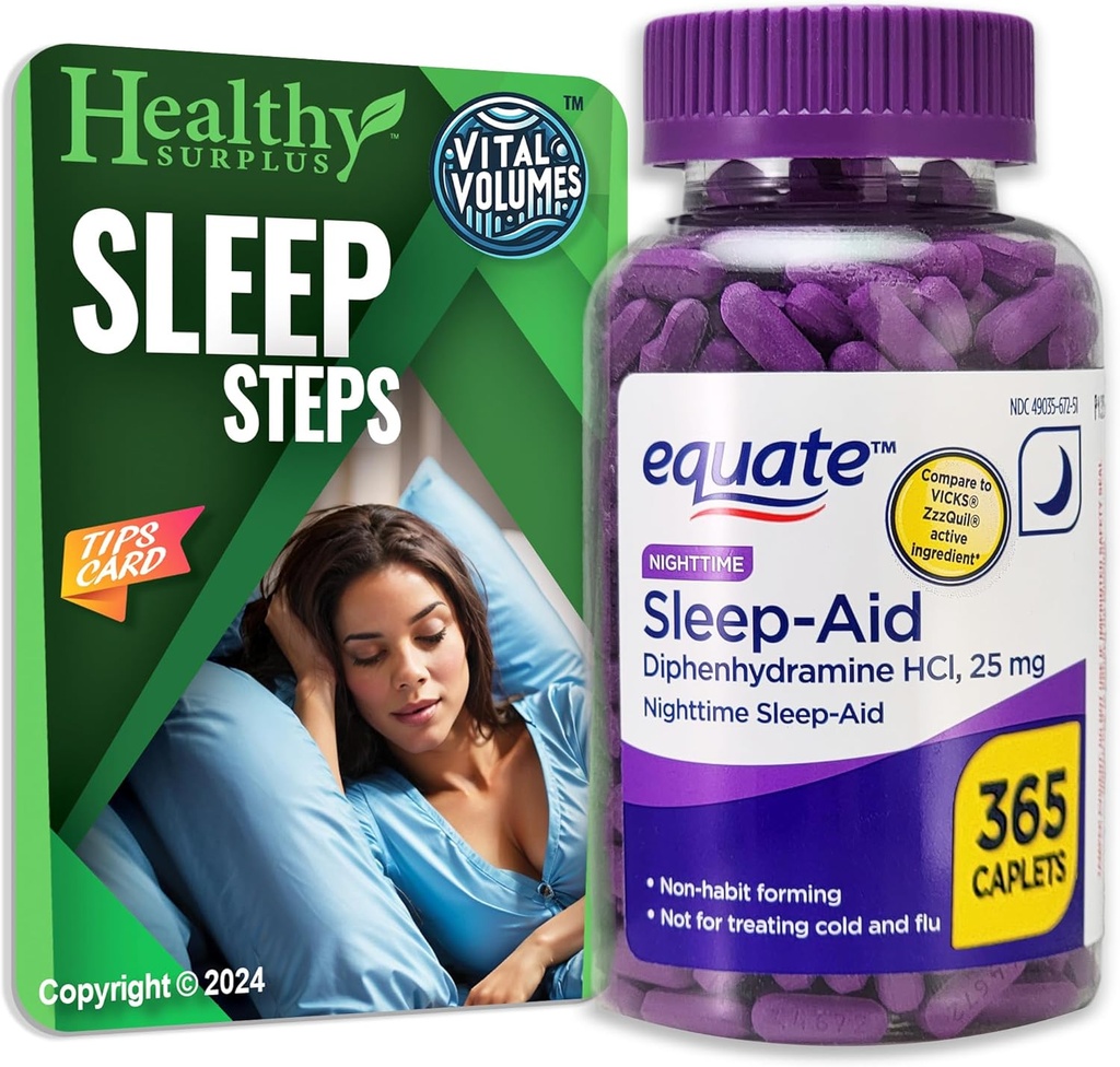 Equate Sleep- Aid Diphenhydramin HCI 25 mg 365 Caplets og Vital Volumes Sleep Steps Tips Card