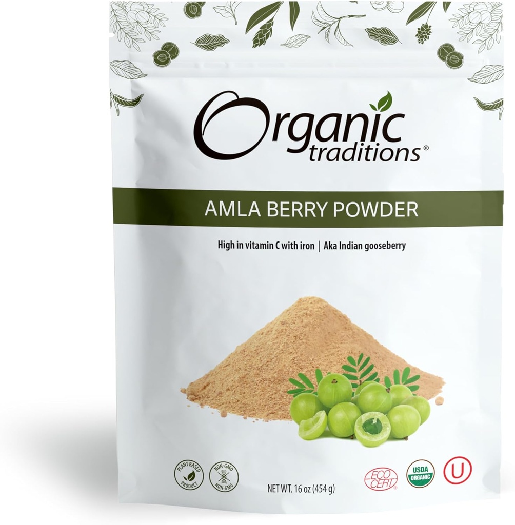 Organic Traditions Organic Amla Berry Powder, Pulveriseret Amla Indian Gooseberry, Ikke-GMO Organic Poweded Fruit Superfood, 1lb Bag 16oz (454g)
