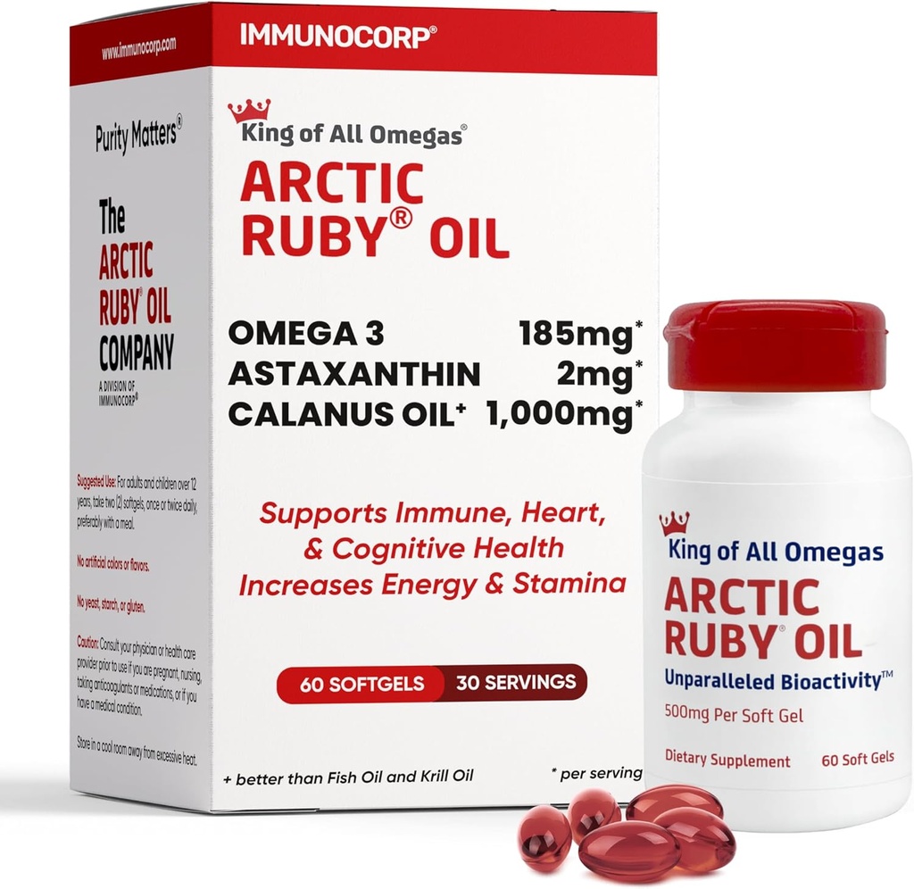 Arctic Ruby Oil 1000mg - Omega 3 supplement til kvinder og mænd med EPA, DHA & Astaxanthin 2mg - Fish & Krill Oil Alternative - 60 Softgels (1 pakke)