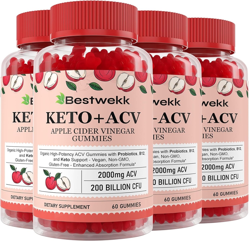 Apple Cider Vincious Gummies, Max Strength 2000mg ACV Gummy med Probiotika, B12 og Keto Support, Til fordøjelse, Metabolisme, Detox, Gummefri, Non- GMO, 240 Keto acv gummies