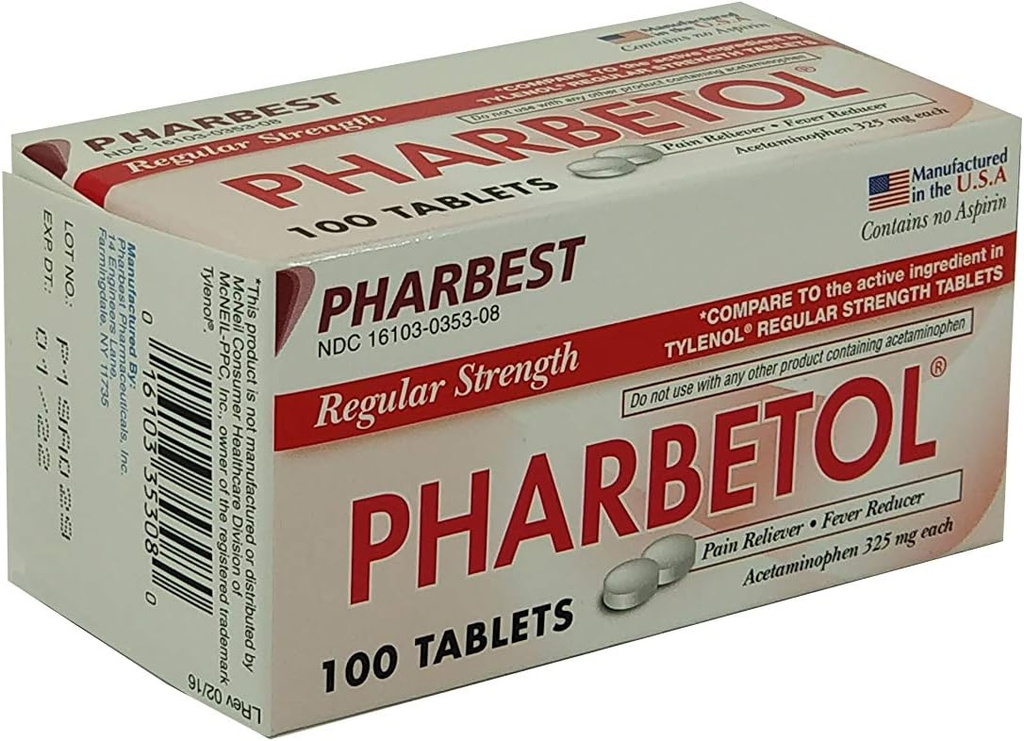 Pharbetol Acetaminophen 325mg Regelmæssig Styrke, Smerte Reliever, Feber Reducer Tablets, 100 Greve (Pakning med 1)