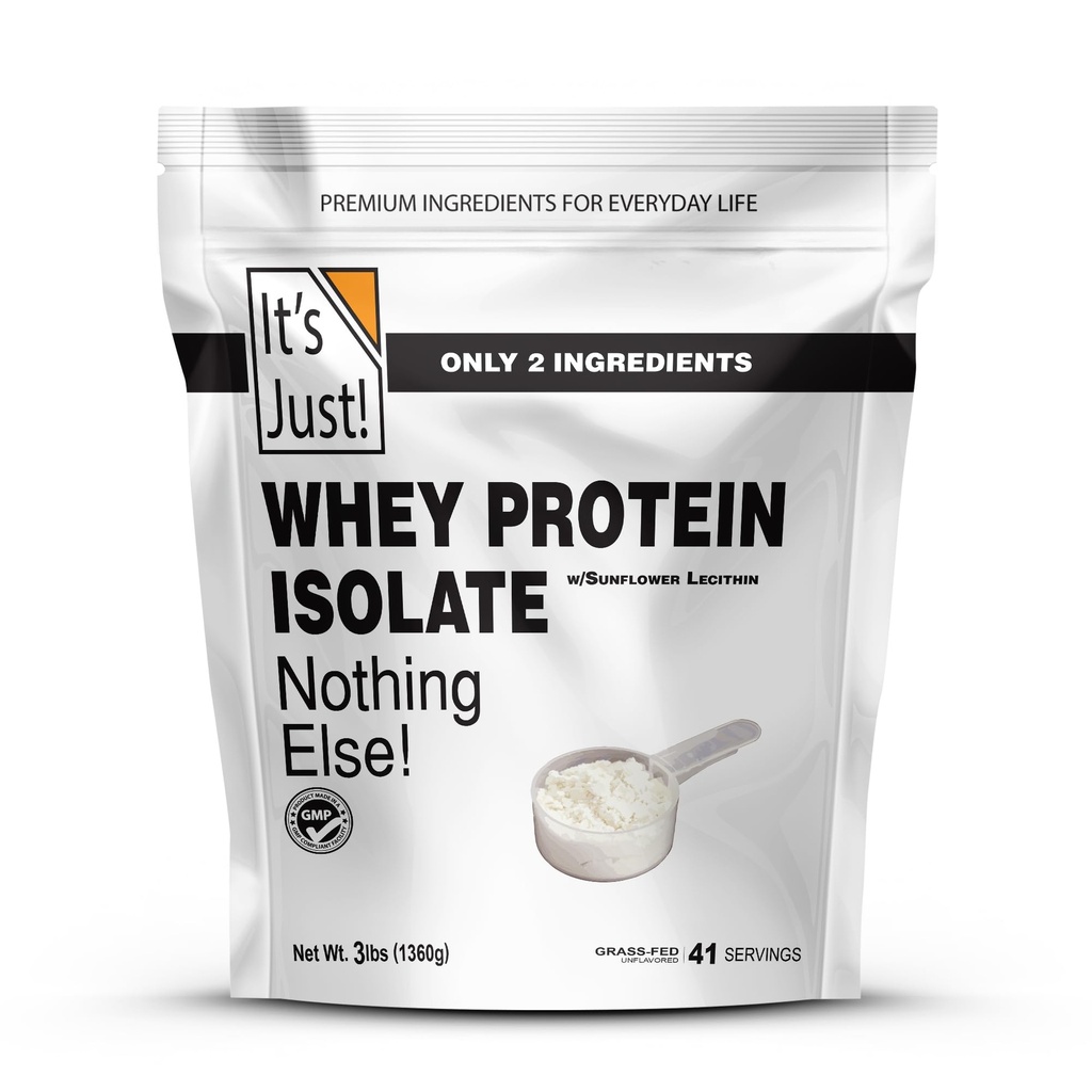 Det er bare! - Whey Protein Isolate, Ultra Premium Grass- Fed, Uden smag, Lavet i USA, Pure 90% Protein, Kun 1g Carb, Ingen tilsat sukker (3 Pund)