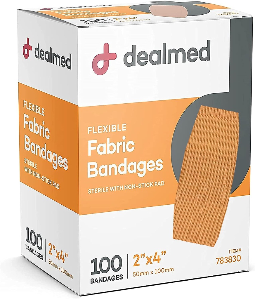 Dealed Fabric Flexible Adhesive Bandages med Non- Stick Pad, Latex Free, Sårpleje for Førstehjælp Kit, 2 "x 4" (Æske med 100)