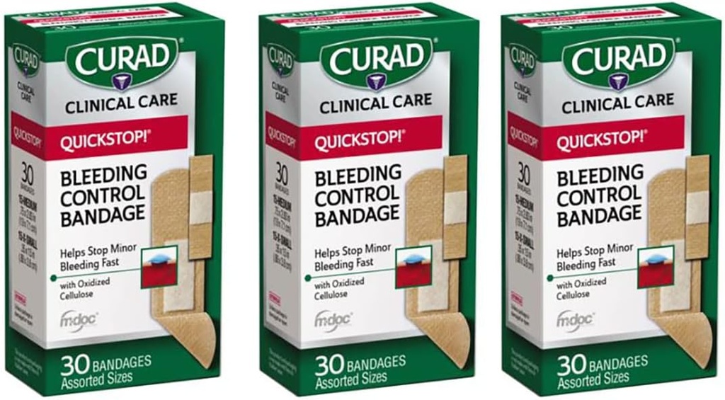 Curad Quickstop Flex- Fabric Bandages, Quickstop Blødning Control Technology, Assorterede størrelser, 30 Greve (pakke med 3)