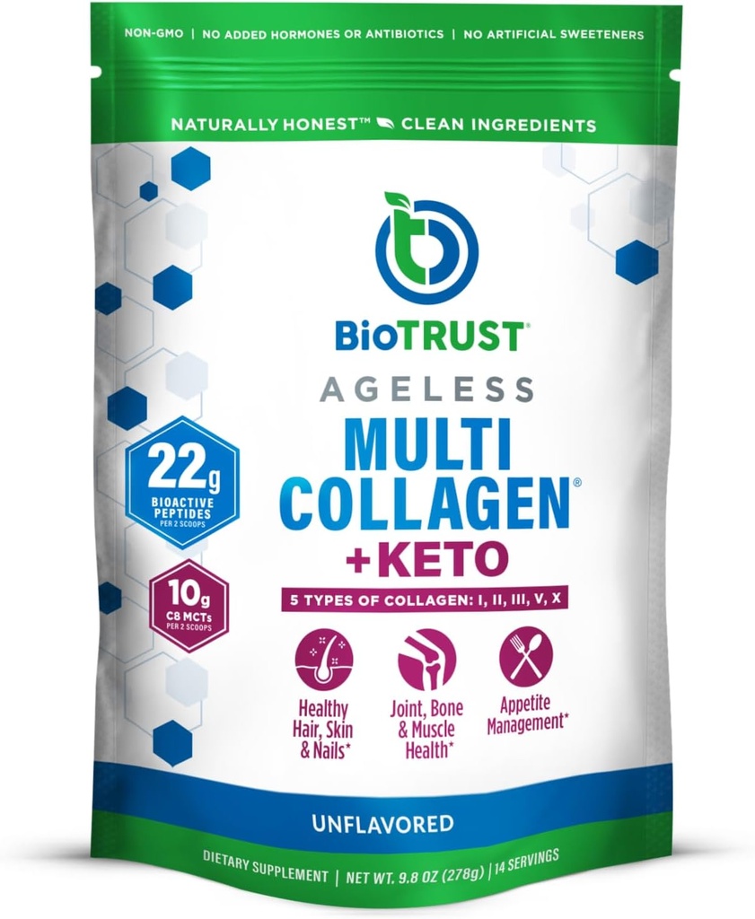 BioTrust Multi Collagen Protein Powder + Keto MCT Oil - 5 Typer (I, II, III, V, X) & 100% Captamid C8 - Support Elevated Ketoner, Metabolisme, Joints & Beauty Alt i 1 Collagen Powder (Unflavored)