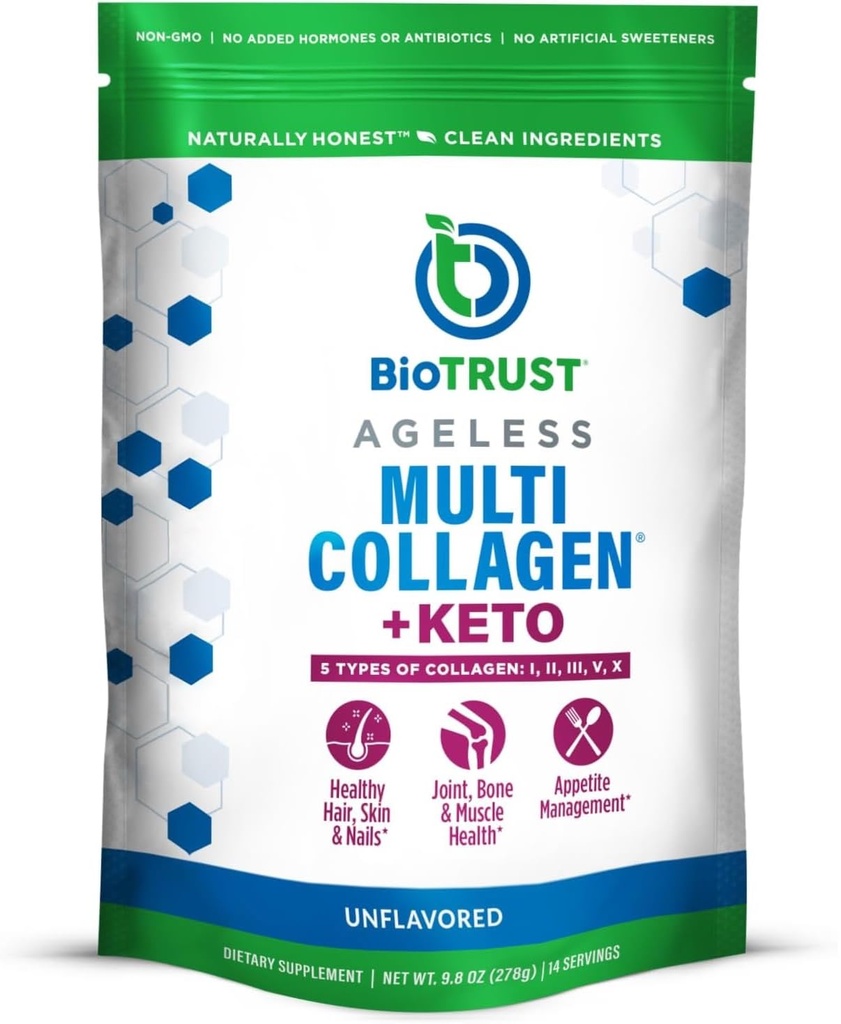 BioTrust Multi Collagen Protein Powder + Keto MCT Oil - 5 Typer (I, II, III, V, X) & 100% Captamid C8 - Support Elevated Ketoner, Metabolisme, Joints & Beauty Alt i 1 Collagen Powder (Unflavored)
