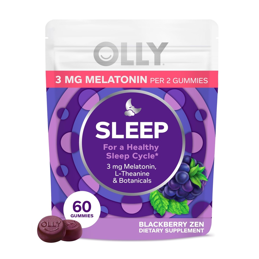 OLLY Sleep Gummy, 3 mg Melatonin, L- Theanin, Kamille og Lemon Balm Ekstrakter, Blackberry Flavor, 30 dages forsyning - 60 Greve