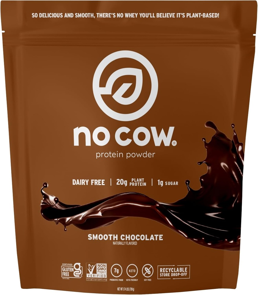 No Cow Vegan Protein Powder, Chocolate, 20g Plant Based Protein, Recyclable Bag, Dairy Free, Soy Free, No Sugar Added, Keto Friendly, Gluten Free, naturligt sødet, Ikke GMO, Kosher, 1,74 Pound