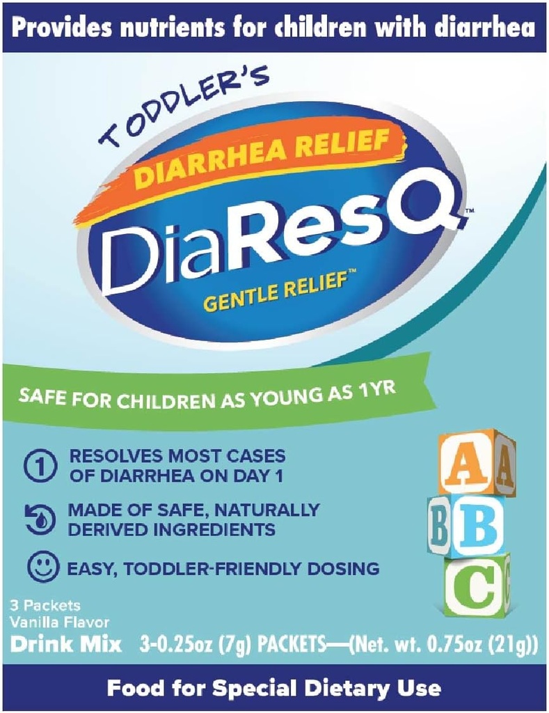 DiaResQ Diarré & immunforsvar Colostrum Drink Mix for Toddlers (1 + År) Pack af 3, Gentle Relief, Hjælper med at gendanne normal intestinal funktion, Antibiotisk & Drug- Free, Gluten Free, Vanilla Flavor