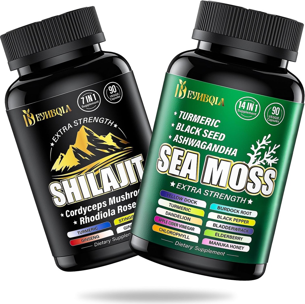 Sea Moss og shilajit Bundle - 90EE Count - Sea Moss, Black Seed Oil, Ashwagandha, Turmerisk & Shilajit, Rhodiola Rosea, Burdock, Bladderwrack 21 i 1 tillæg (2 pakker)