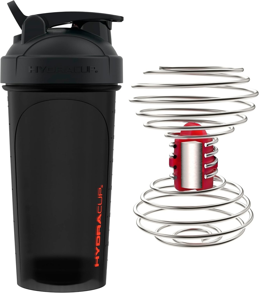 HydraCup Power Shaker w / Vægtet Whisk, 28oz - Hurtigere blanding, Mindre shaking påkrævet, Clump- Free Protein Shakes, Shaker Cup (Polypropylen, Sort)