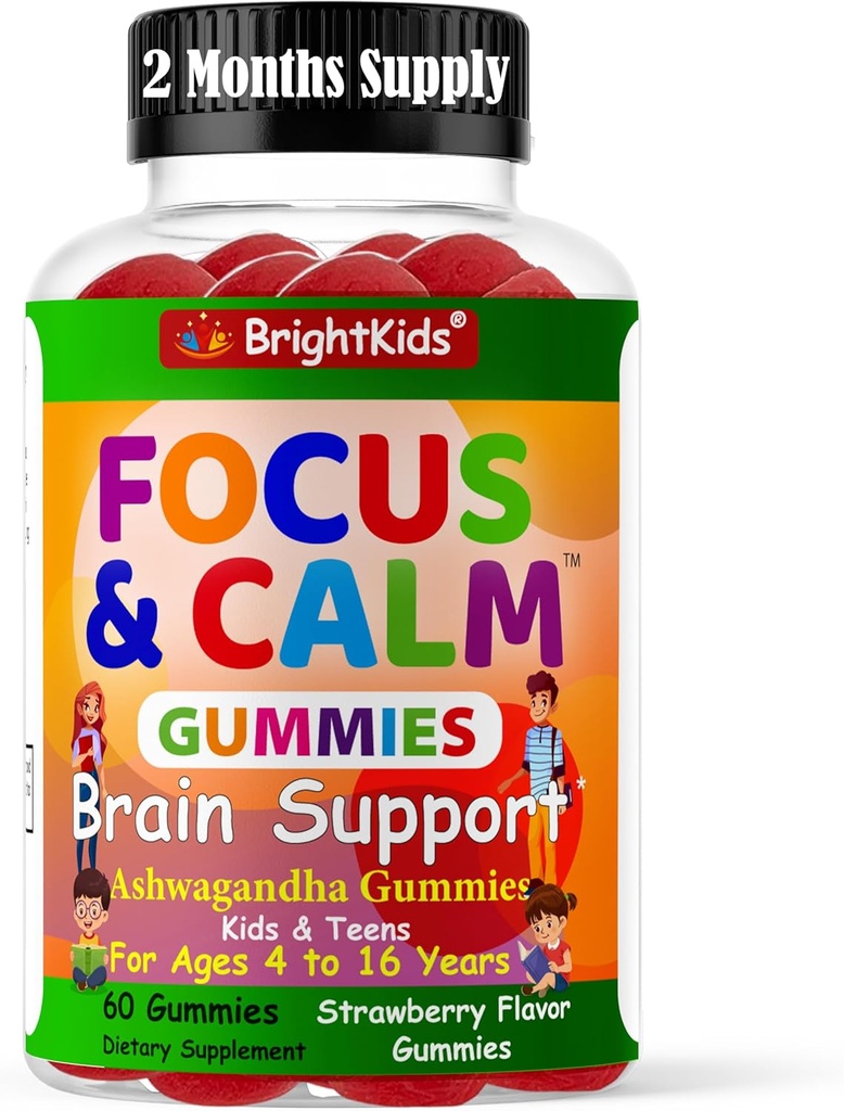 BrightKids Fokus & Rolig Gummies for Kids med Ashwagandha - Understøtter Opmærksomhed, Koncentration, Afslapning, Mood & Energy - Naturlig Stress Relief Supplement, Tasty Berry Flavor, Vegan, 60 dages forsyning