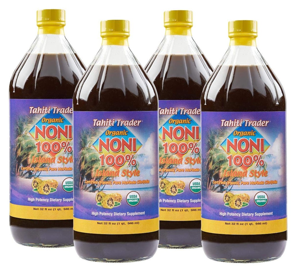 Tahiti Trader Island Style High Potency Noni Juice - Pure Noni Fruit Juice Fermenteret til vineddike - Organic Antioxidant Superfood Supporting Energy & Body Health - (32oz, 4 Pack)