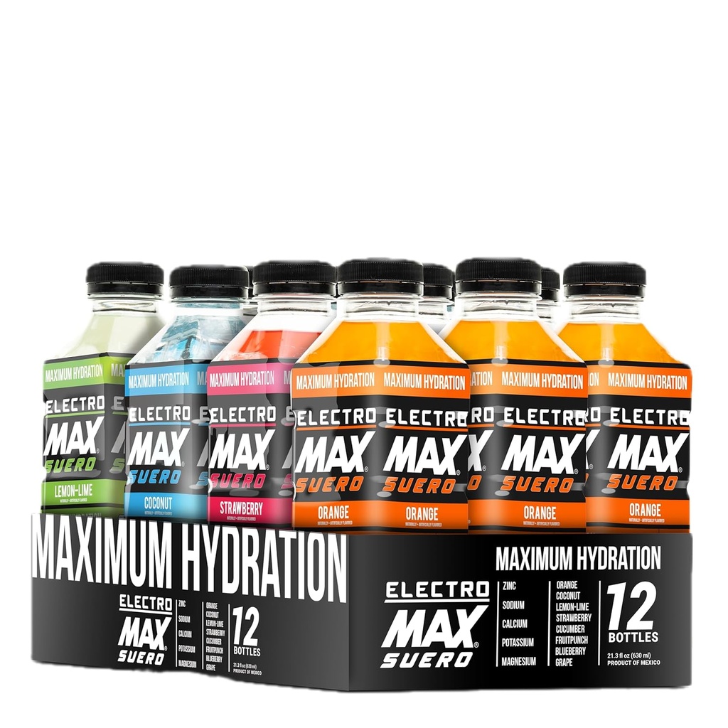 ELEKTROMAX SUERO - Zero Sugar Electrolyte Drink - 12- Pack Mix (21.3 Fl Oz Hver), Hydrering til sport, Inddrivelse, og daglig brug - Magnesium, kalium, zink, calcium - Zero kalorier. (Mix Pack)
