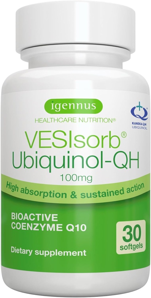 Igennus Advanced VESIsorb Ubiquinol 100 mg 30 Softgels, 600% Biotilgængelighed, Fast- Actioning Water- Opløselig Coenzym Q10 Supplement for Energy & Heart, 1- Måned Supply