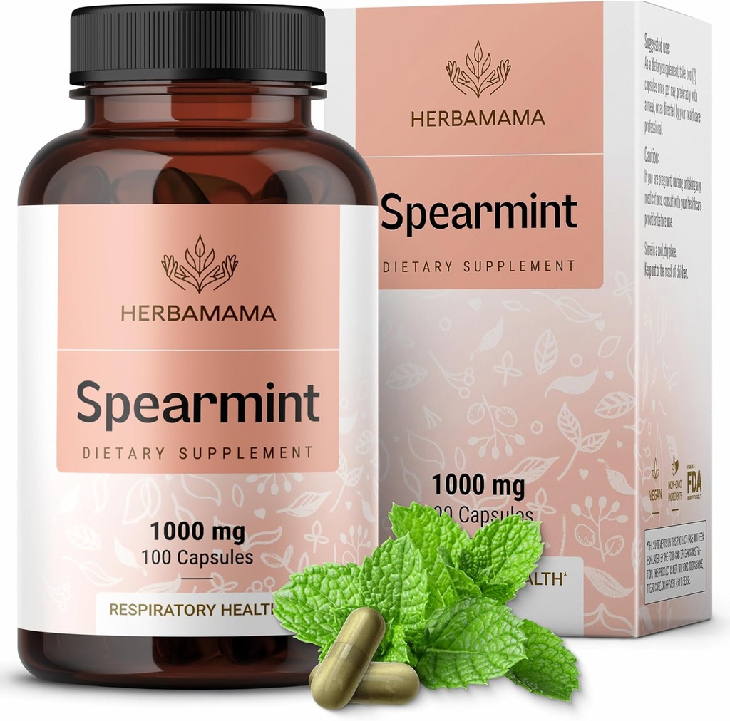 HERBAMAMA Spearmint Leaf kapsler - 1000 mg Spearmint blade til Gut Cleanse & fordøjelsesstøtte - Vegan, Non- GMO Mentha Spicata supplement