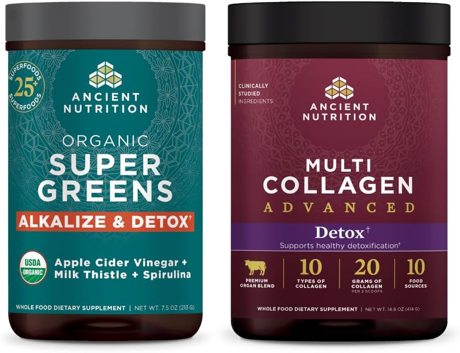 Ancient Nutrition Multi Collagen Advanced Powder Cleanse & Detox, Unflavored, 36 Servere + Organic SuperGreens Detox & Alkalize Powder, 25 Servere