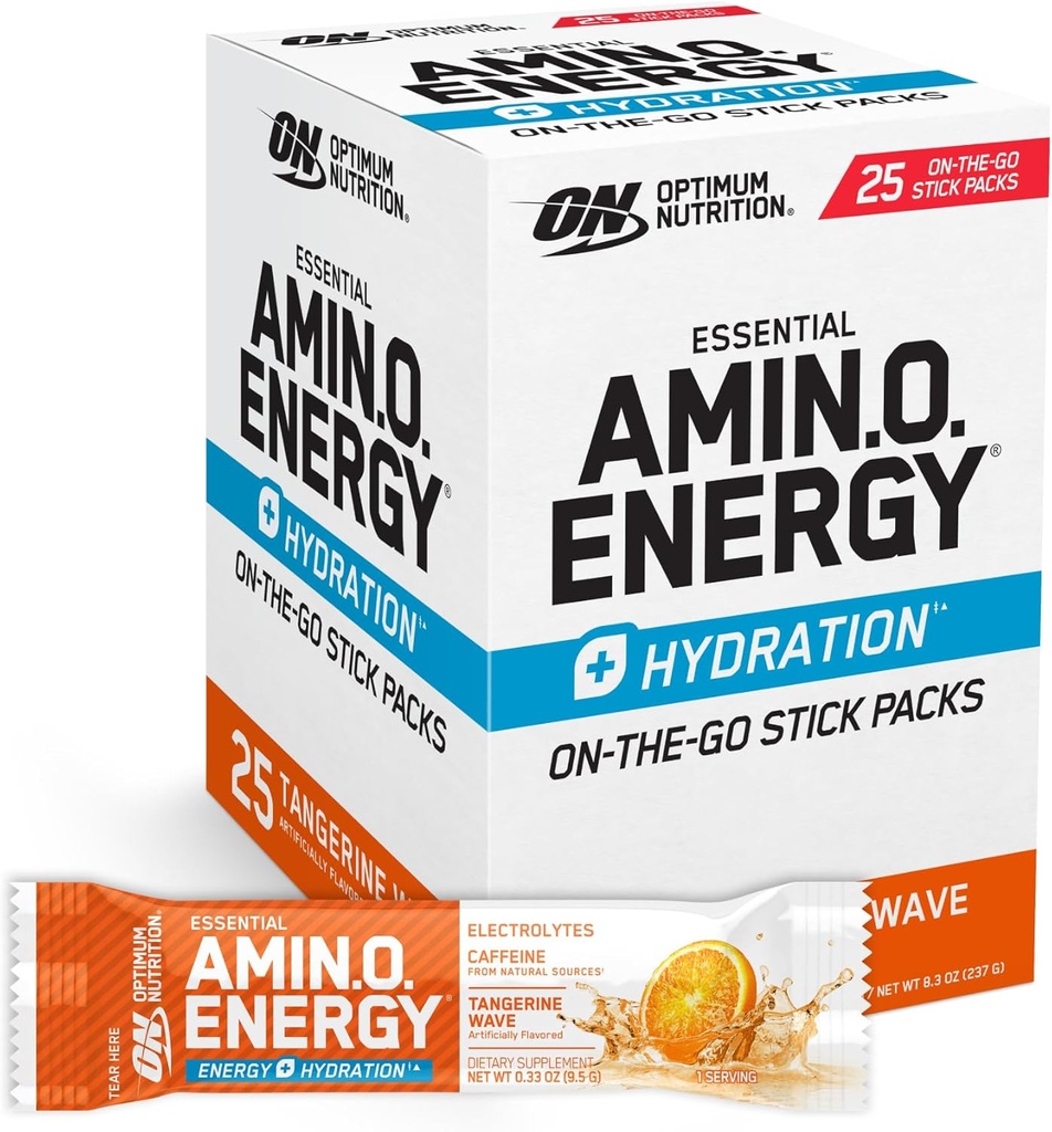 Optimum Nutrition Amino Energy Hydration Pakninger, On- The- Go Energy Powder Stick Packs, Tangerine Wave, 25 Greve