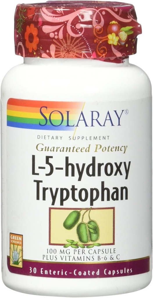 Solaray Garanteret potens L- 5- HTP + B 6 & C 100 mg kapsler, 30 Tælling