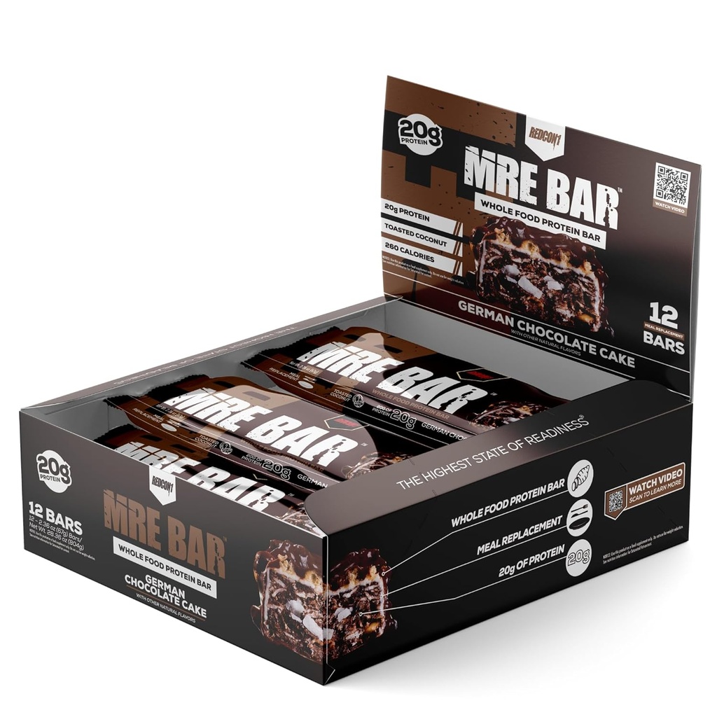 REDCON1 MRE Protein Bar, Tysk Chokolade Cake - Indeholder MCT Oil + 20g af Hel Food Protein - Nemt fordøjelig, Macro Balanceret Lavsukkermel erstatning Bar (12 Barer)