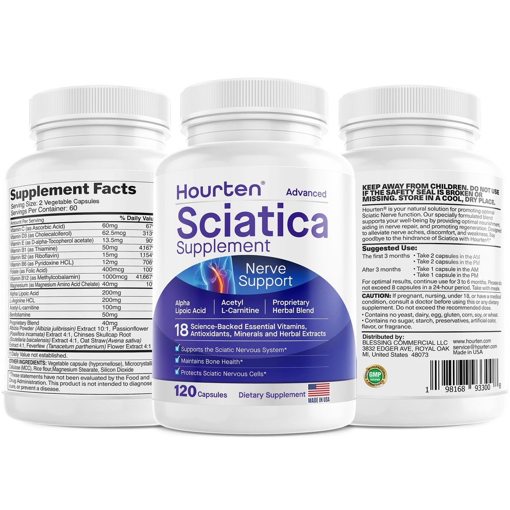 Avanceret Sciatic Nerve Support Relief: Alpha Lipoic Acid - 18 i 1 Sciatica Kosttilskud - Vitamin B Complex - Made in USA (120 Count (pakke med 1))