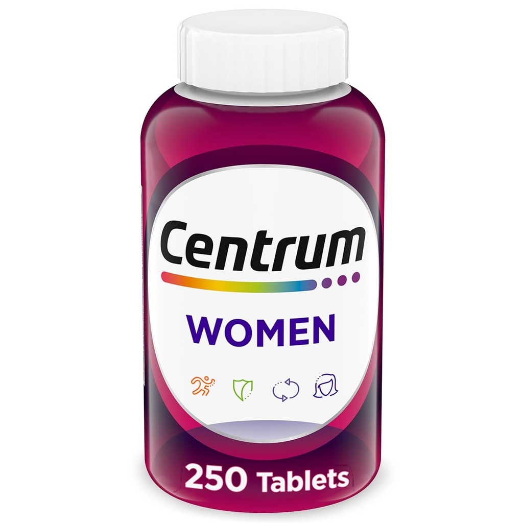 Centrum Multivitamin til kvinder, Multimineral supplement med jern, vitamin D3, B Vitaminer og antioxidant Vitaminer C og E, Gluten fri, non-GMO ingredienser - 250 Tæl