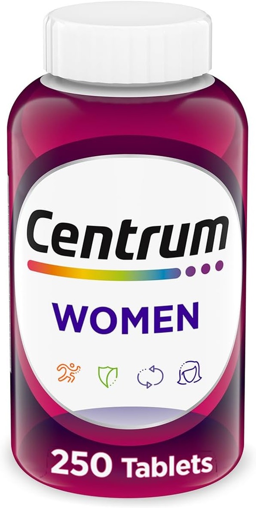 Centrum Multivitamin til kvinder, Multivitamin / Multimineral supplement med jern, vitamin D3, B Vitamin og antioxidant Vitamin C og E, Gluten fri, non-GMO ingredienser - 250 Tæl