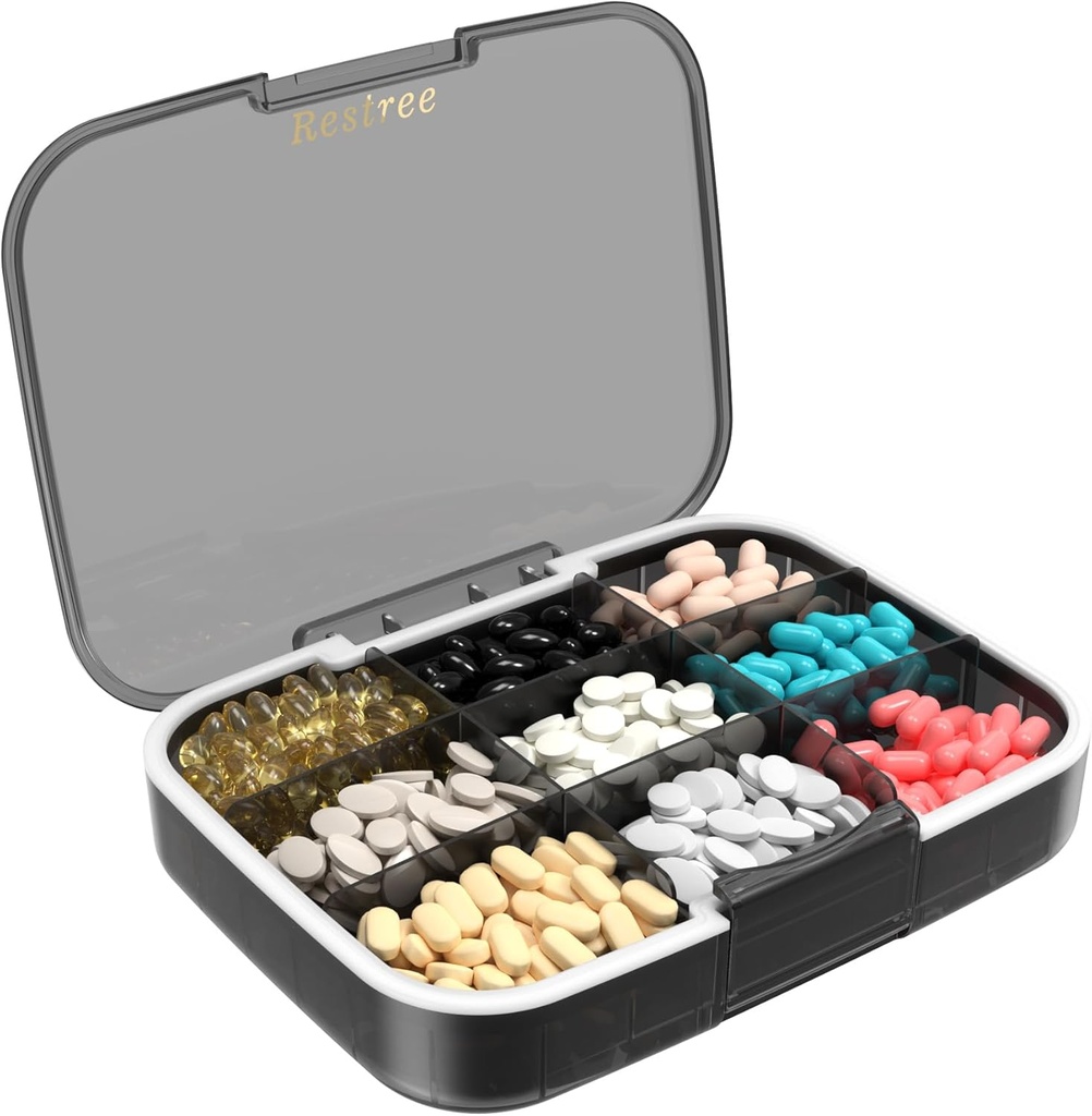 Restree Stor Pill Organizer, Fugt Bevis & Vandtæt rejse Pill sag, Portable Medicin Box med justerbar Dividers for Vitamin Kosttilskud Fish Oil og daglige piller 9 kompartmenter (sort)