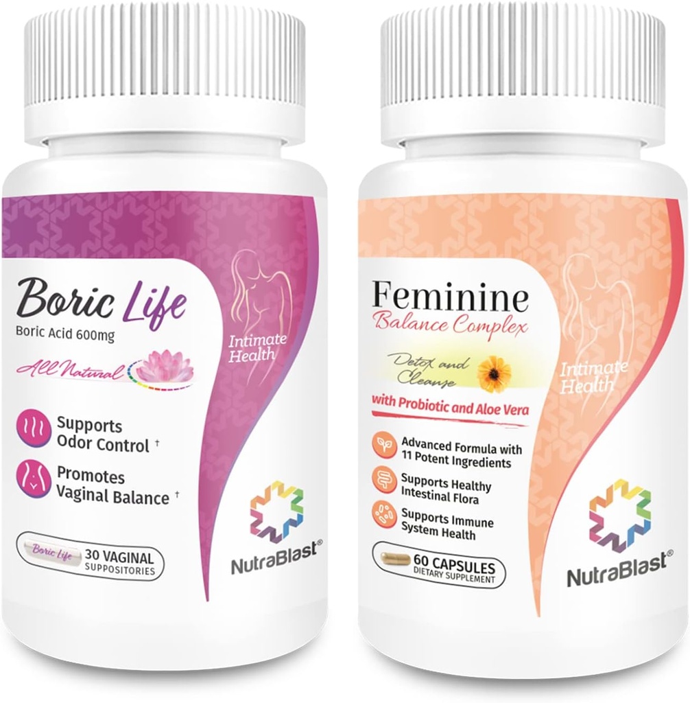 NutraBlast Boric Acid Vaginal Supposites 600mg (30 Greve) Bundle med feminine balance kompleks (60 Kapsler) Name 124; Vaginal Detox & Cleanse