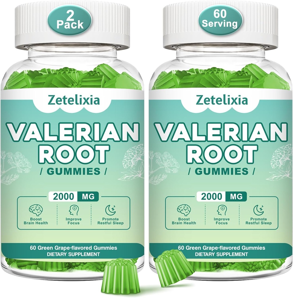 2 Pack Økologisk Valerian Root Gummies, Natural Calm at hjælpe med at slappe af, Urte supplement til Mood Support, Melatonin Free, Non- GMO, Gluten Free, Vegan, Green Grape Flavor, 120 Greve