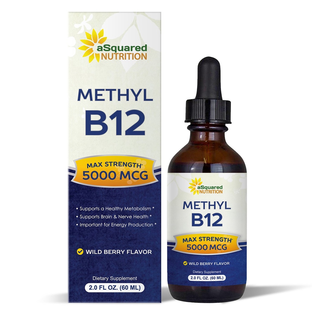 aSquared Nutrition Vitamin B12 Sublingual Liquid Drops - 5000 MCG Supplement with Methylcobalamin (Methyl B - 12) - Max Absorption B 12 to increase Energy - Vegan Friendly - 2 fl oz