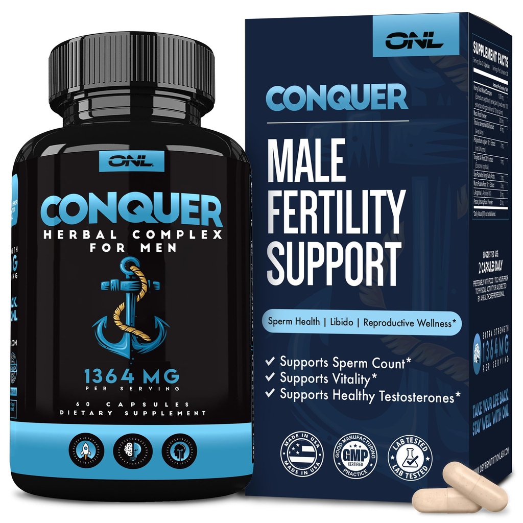 Conquer Herre Fertilitet Supplement - Testosteron Booster for mænd w / Maca Root, Horny Goat Weed & Tribulus Terrestris - Mand Fertilitet Supplement - Libido Booster for mænd - Male Enhancement piller -60Ct