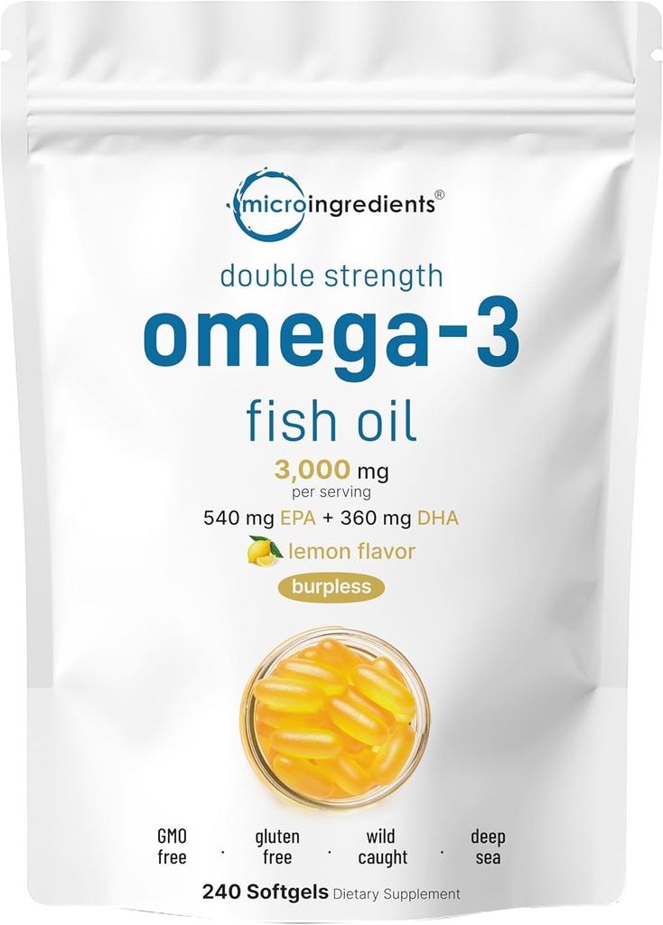 Micro Ingredients Omega 3 Fish Oil Supplements 3,000mg Per Serving, 240 Softgels against 124; Lemon Flavored - Burplesness against 124; EPA 540mg + DHA 360mg against 124; Deep Sea Fish