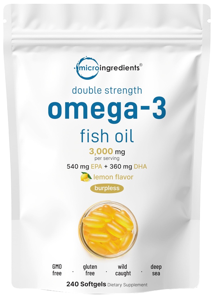 Micro Ingredients Omega 3 Fish Oil Supplements 3,000mg Per Serving, 240 Softgels against 124; Lemon Flavored - Burplesness against 124; EPA 540mg + DHA 360mg against 124; Deep Sea Fish