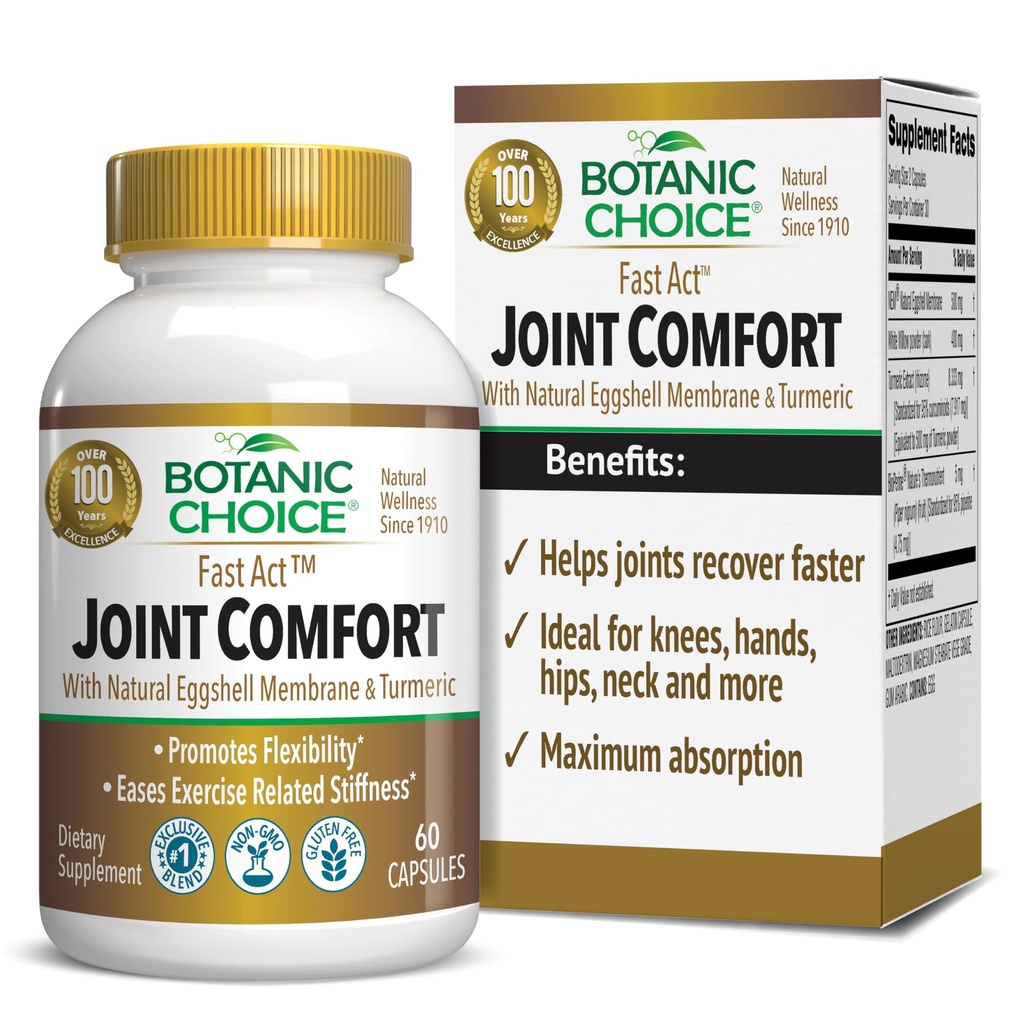 Botanic Choice Fast Act Joint Comfort med NEM Natural Eggshell Membrane, Gurkemeje, Bioperine, & White Willow Bark, Understøtter fælles sundhed, 60 500 mg kapsler