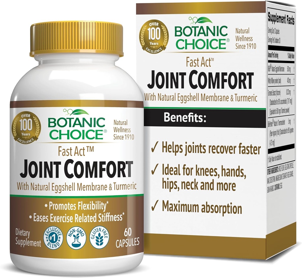 Botanic Choice Fast Act Joint Comfort med NEM Natural Eggshell Membrane, Gurkemeje, Bioperine, & White Willow Bark, Understøtter fælles sundhed, 60 500 mg kapsler
