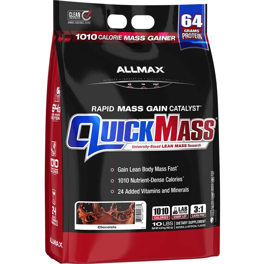ALLMAX QUICKMASS, Chokolade - 10 LB - Rapid Mass Gain Katalysator - Op til 64 Gram protein per servering - 3: 1 Carb til Protein Ratio - Zero Trans Fat - Op til 70 Servering