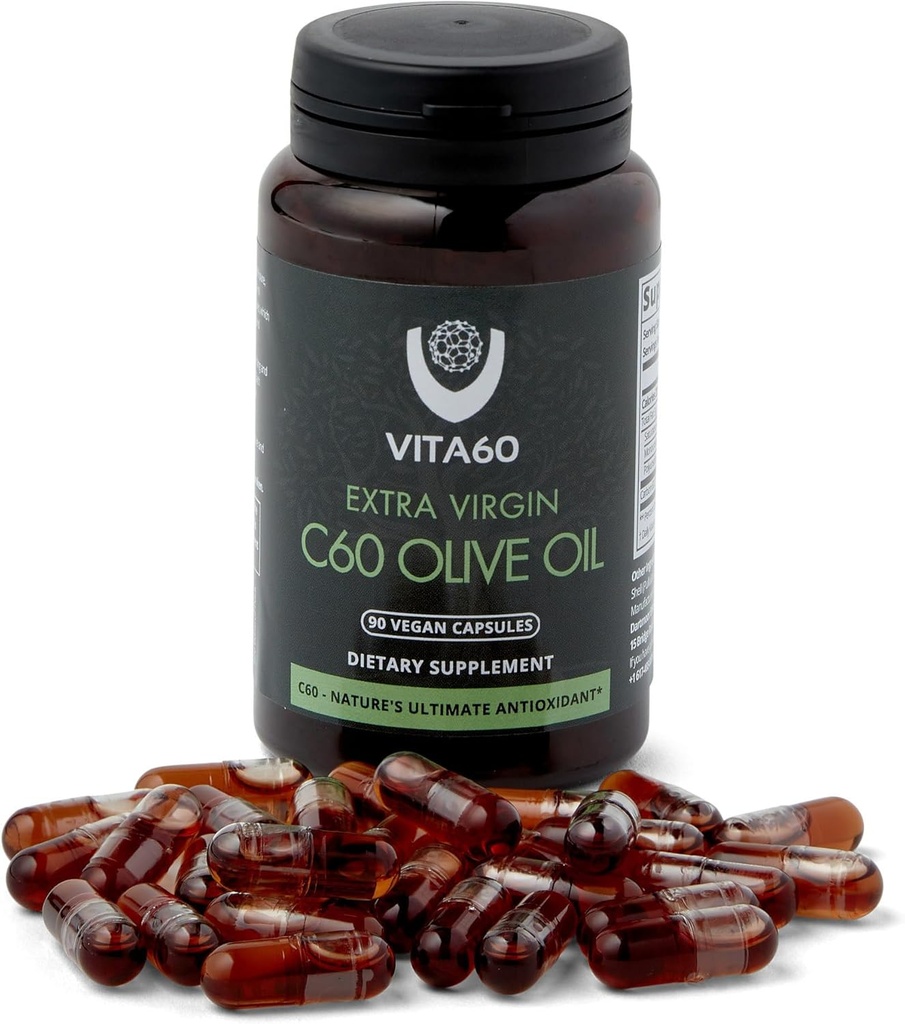 C60 Oliekapsler: 124; Age- Defying Vitality og antioxidant Support: 124; 99,99% Pure Solvent Free C60 - 124; Økologisk Olie: 124; Vegansk Friendly