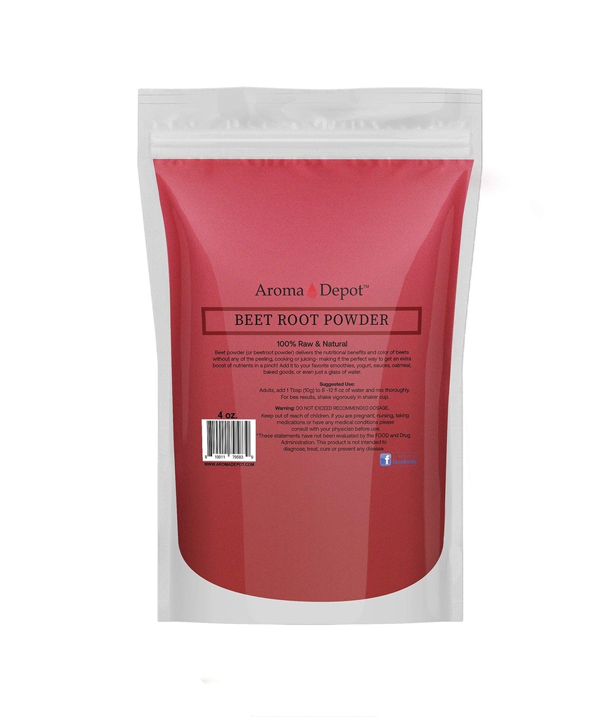 Beet Root Powder 4oz by Aroma Depot Raw & Non- GMO I Vegan & Gluten Free I Nitrogen Oxide Booster I Boost Stamina og øger Energy I Immunsystem Booster I 100% Natural