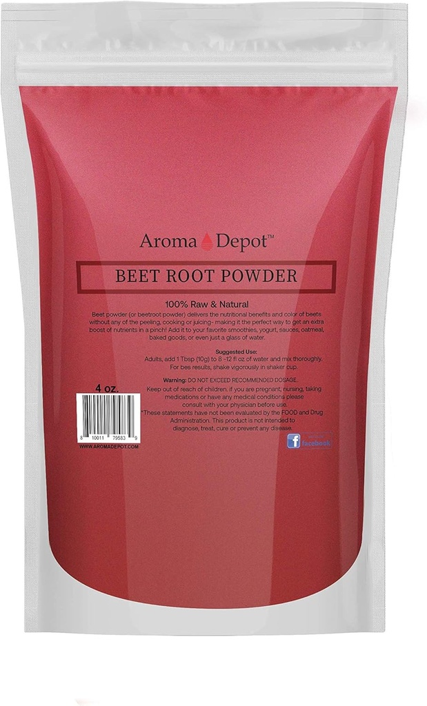 Beet Root Powder 4oz by Aroma Depot Raw & Non- GMO I Vegan & Gluten Free I Nitrogen Oxide Booster I Boost Stamina og øger Energy I Immunsystem Booster I 100% Natural