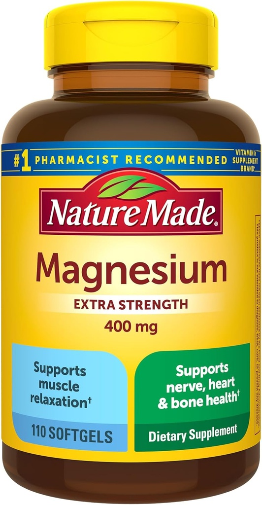 Nature Made Magnesium Oxide 400 mg Softgel, Ekstra styrke Magnesium Kosttilskud til mænd og kvinder, Support for Muskel, Nerve, Knogler og Hjerte, 110 Day Supply